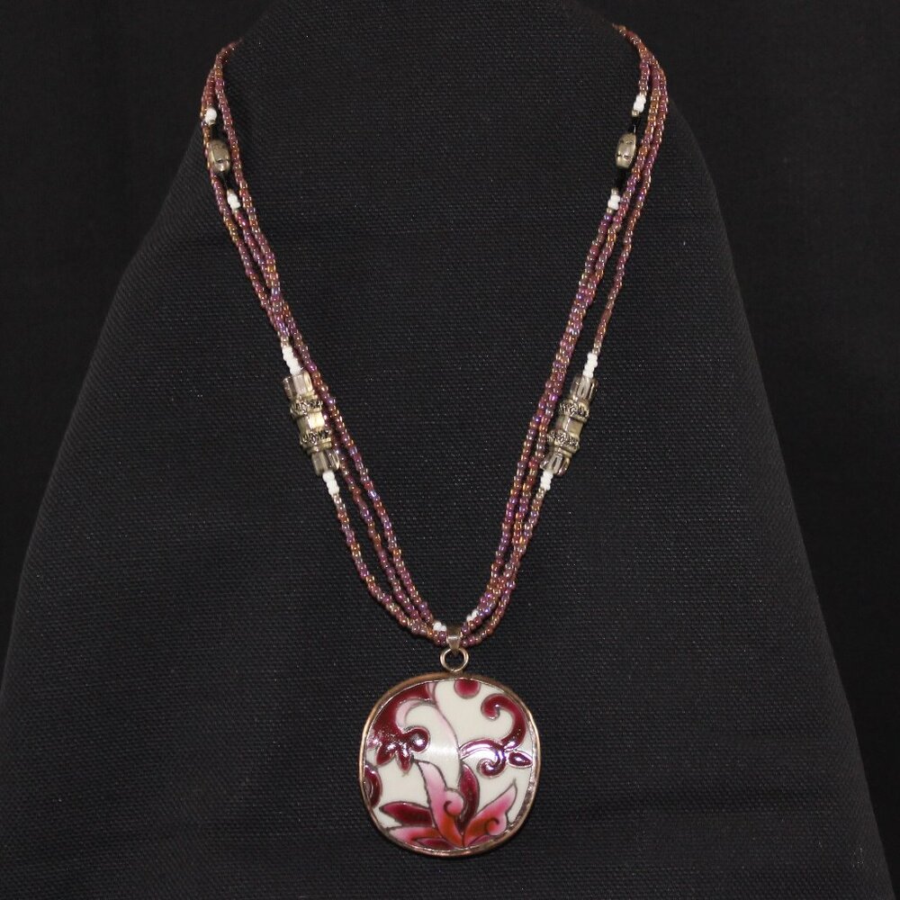 Handmade Artisan Seed Bead Necklace with Vintage Handmade Enamel Floral Pendant
